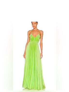 A.L.C. Neon Lime Pleated Maxi Dress with Spaghetti Straps